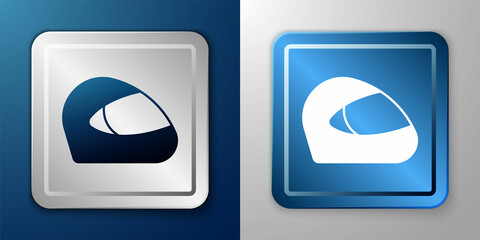 White Racing helmet icon isolated on blue and grey background. Extreme sport. Sport equipment. Silver and blue square button. Vector