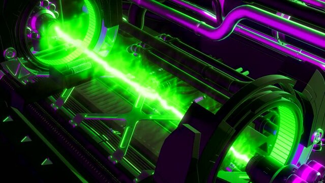 3D futuristic a detail of electromagnetic machine with gravitational fields energy particles. Motion. Abstract engine mechanism.