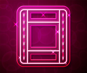 Glowing neon line Play video icon isolated on red background. Film strip sign. Vector