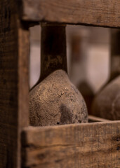 wine bottles aging upside down in a wine cellar