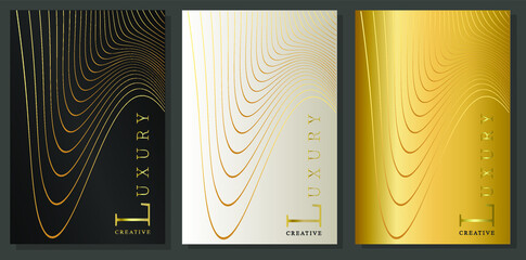 Luxury cover set. Gold wavy stripes on black, platinum and gold background. Minimal abstract style, modern and elegant vector template.

