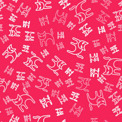 White line Black cat icon isolated seamless pattern on red background. Happy Halloween party. Vector
