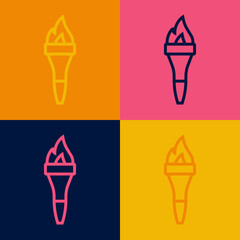Pop art line Torch flame icon isolated on color background. Symbol fire hot, flame power, flaming and heat. Vector