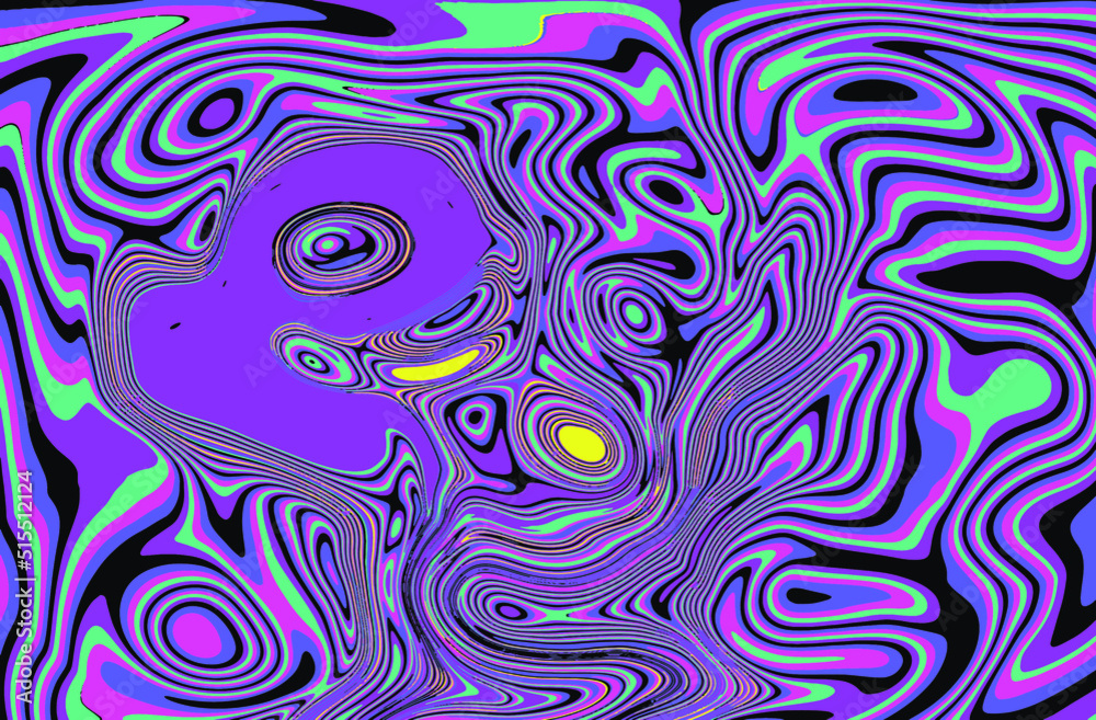 Poster trippy glitch background in style of psychedelic 60s and 70s parties with bright acidic rainbow colo