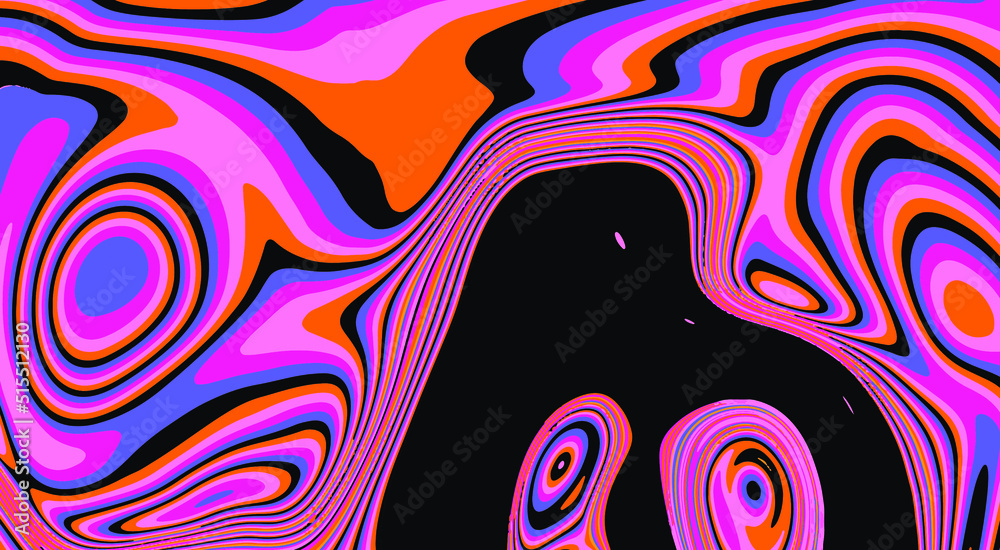 Poster trippy glitch background in style of psychedelic 60s and 70s parties with bright acidic rainbow colo