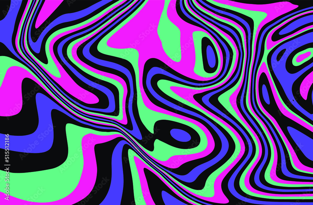 Poster trippy glitch background in style of psychedelic 60s and 70s parties with bright acidic rainbow colo