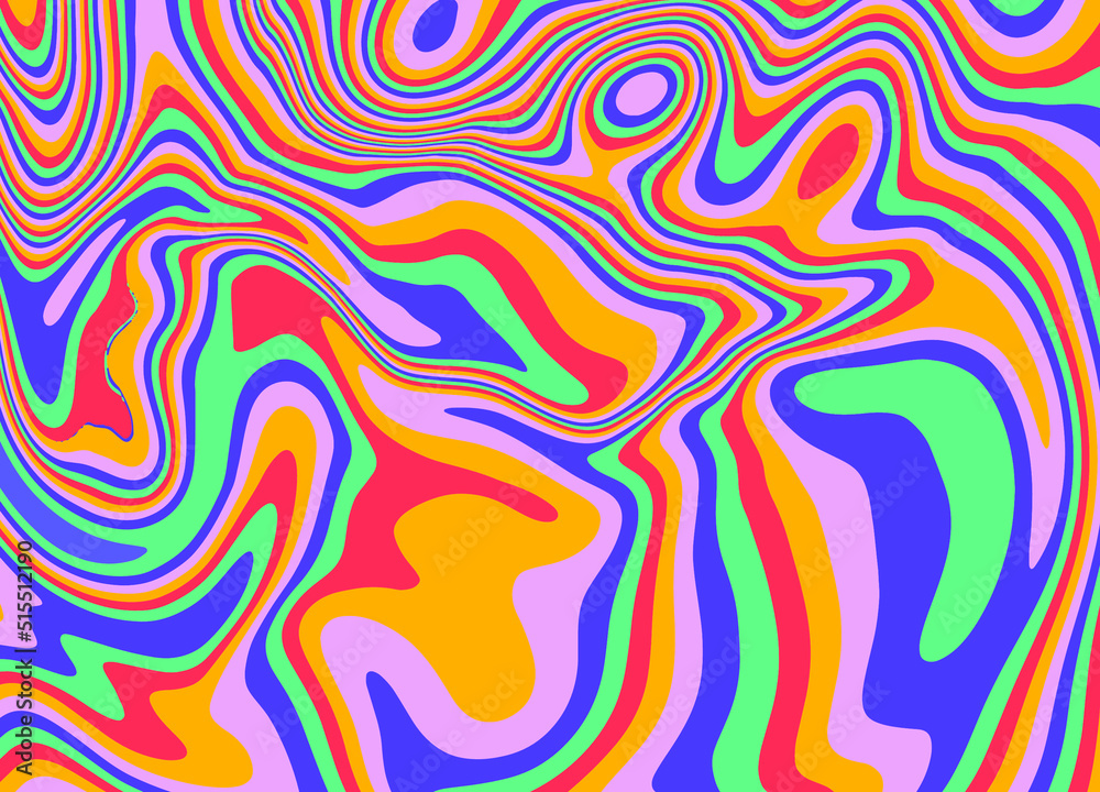 Poster trippy glitch background in style of psychedelic 60s and 70s parties with bright acidic rainbow colo