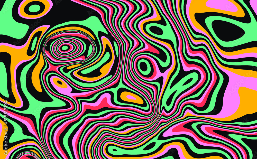 Poster trippy glitch background in style of psychedelic 60s and 70s parties with bright acidic rainbow colo