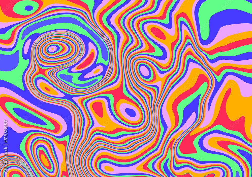 Poster trippy glitch background in style of psychedelic 60s and 70s parties with bright acidic rainbow colo