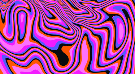 Trippy glitch background in style of psychedelic 60s and 70s parties with bright acidic rainbow colors and a winding geometric wavy pattern.