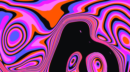 Trippy glitch background in style of psychedelic 60s and 70s parties with bright acidic rainbow colors and a winding geometric wavy pattern.