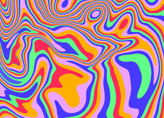 Trippy glitch background in style of psychedelic 60s and 70s parties with bright acidic rainbow colors and a winding geometric wavy pattern.