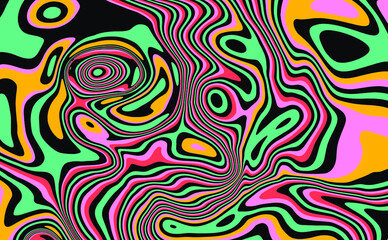 Obraz premium Trippy glitch background in style of psychedelic 60s and 70s parties with bright acidic rainbow colors and a winding geometric wavy pattern.