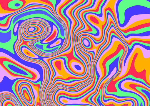 Trippy glitch background in style of psychedelic 60s and 70s parties with bright acidic rainbow colors and a winding geometric wavy pattern.