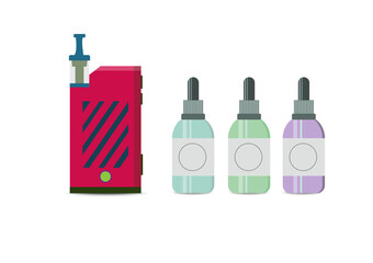 Electronic Cigarettes and accessories icons set. Vaping device and bottles with vape liquid. Liquid cotton,Pincers vape,Vape Pen,Vector E-cigarette and Flat vector.