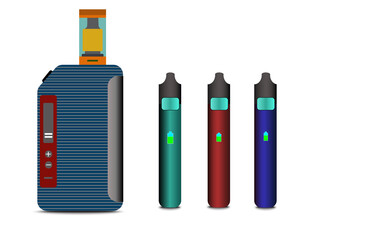 Electronic Cigarettes and accessories icons set. Vaping device and bottles with vape liquid. Liquid cotton,Pincers vape,Vape Pen,Vector E-cigarette and Flat vector.