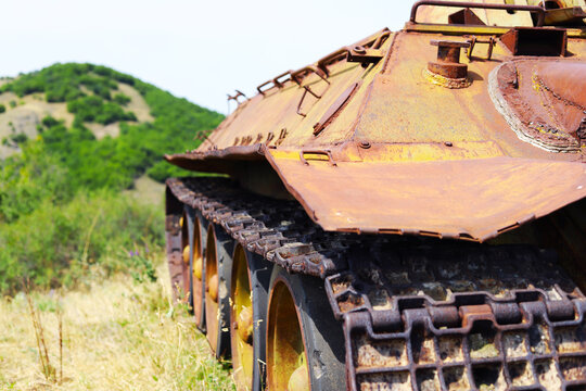 The Side Of The Tank Hull On Top Of The Mountain. Shallow Depth Of Field