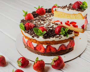 Cake homemade baked with fresh strawberries