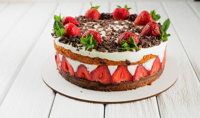 Cake homemade baked with fresh strawberries