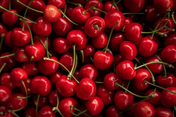 Cherry, bunch of red cherries, fresh juicy fruit, full composition, top view
