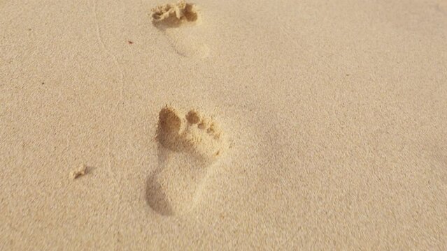 Closeup footage of footprints on golden sand at beach. Summer vacation background with copy and text space for the sale offer or promo commercial. Cinematic golden sandy surface in warm sunrise light
