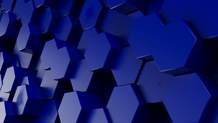 Obraz na płótnie Canvas Abstract background with waves made of deep blue futuristic honeycomb mosaic geometry primitive forms that goes up and down under orange back-lighting. 3D illustration. 3D CG. High resolution.