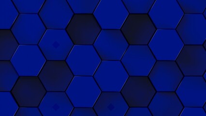 Abstract background with waves made of deep blue futuristic honeycomb mosaic geometry primitive forms that goes up and down under orange back-lighting. 3D illustration. 3D CG. High resolution.