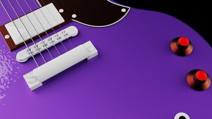 Purple electric guitar under black background. Concept 3D illustration of legendary rock band, advanced performance techniques and composing activities.