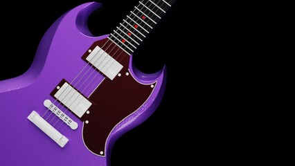 Purple electric guitar under black background. Concept 3D illustration of legendary rock band, advanced performance techniques and composing activities.