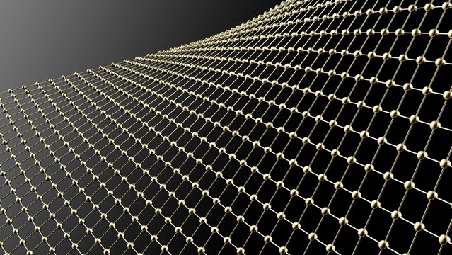 Metallic Gold Mathematical Geometric Abstract Twist Plane Dots-Line Grid under Black-White Spot Lighting Background. Conceptual image of technological innovations, strategies and revolutions. 3D CG.