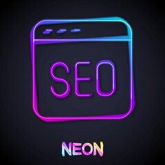 Glowing neon line SEO optimization icon isolated on black background. Vector