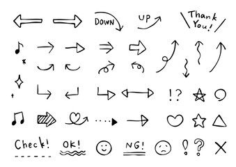 ゆるい手描きの矢印と記号のセット