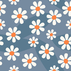 Daisy, white flowers on blue background. Seamless pattern. Beautiful, romantic, flowery, botanical print. Ideal for fabrics, swimwear, bikinis. Surface design, Feminine, elegant, cute. Summer, spring