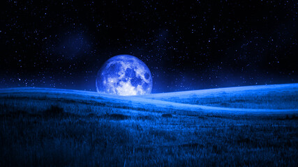 full moon and grassland and hill at nightscape