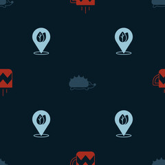 Set Cup of tea, Hedgehog and Location with leaf on seamless pattern. Vector