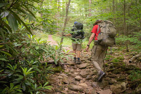 Two men backpacking and hiking through a forest