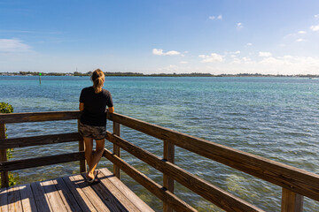 Female Hiker on Sarasota Bay, Leffis Key Preserve, Bradenton Beach, Florida, USA