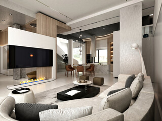3d render of luxury home interior, living room