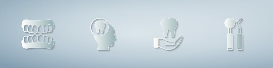 Set Dentures model, Toothache, and Dental mirror and probe. Paper art style. Vector