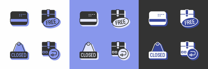 Set Return cardboard box, Credit, Hanging sign with text Closed and Cardboard free symbol icon. Vector