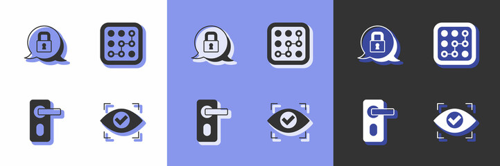 Set Eye scan, Lock, Fingerprint door lock and Graphic password protection icon. Vector
