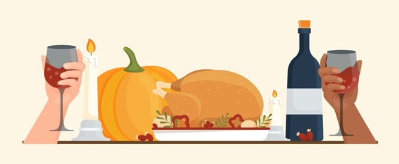 Happy Thanksgiving concept. Graphic elements on traditional autumn holiday. Hands holding glasses with alcoholic beverages, and vegetables. Farmers and agriculture. Cartoon flat vector illustration