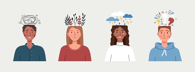 Mental health problems. Men and girls depressed and frustrated. Psychological problems, fear, sadness, emotional burnout and confusion. Cartoon flat vector illustrations isolated on white background