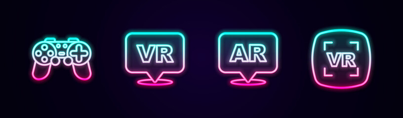 Set line Gamepad, Virtual reality, Augmented AR and . Glowing neon icon. Vector