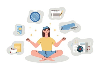Morning routine set. Girl sitting in lotus position, yoga. Comfortable start to day. Woman drinks refreshing cocktails, sets goals and eats porridge with fruit. Cartoon flat vector illustration