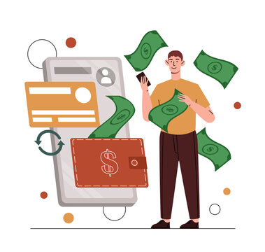 Money transfer concept. Man with smartphone in his hand pays for order in online store. Cashless transaction and electronic wallet. Buying goods on Internet. Cartoon flat vector illustration