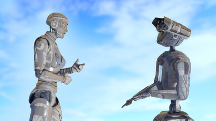 two talking cyborg robots androids concept of the technical progress and robotics machine learning render 3d