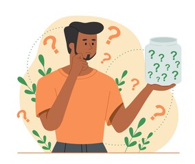 Asking doubt concept. Man examines jar with questions, character looking for solution to problems, pensive person. Mental dead end, uncertainty and confusion. Cartoon flat vector illustration