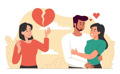 Concept of betrayal. Broken hearted girl watches as her lover embraces another woman. Relationship crisis, problems, quarrels and scandals. Boyfriend cheating. Cartoon flat vector illustration