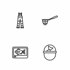 Set line Fishing bucket with fish, finder echo sounder, Fisherman pants and net icon. Vector
